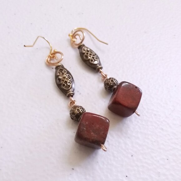GORGEOUS!!! Red Jasper & Mixed Metal ~ Long Dangle Earrings ~ Decadent + Opulent - Picture 4 of 11